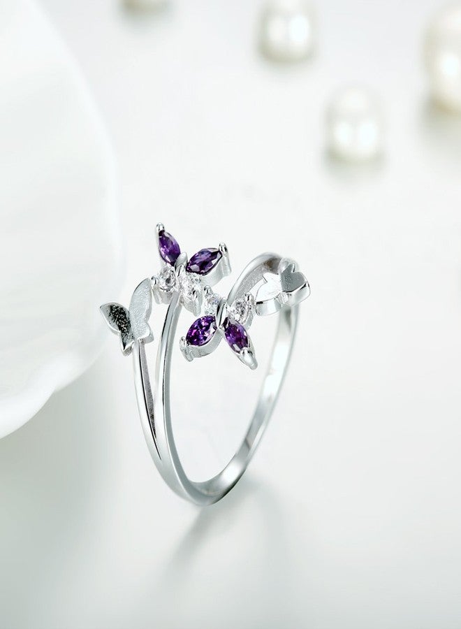 MAIHAO Women's Adjustable Size 925 Sterling Silver Butterfly White Birthstone CZ Butterfly Shape Purple Austrian Crystals Rings - Image 5
